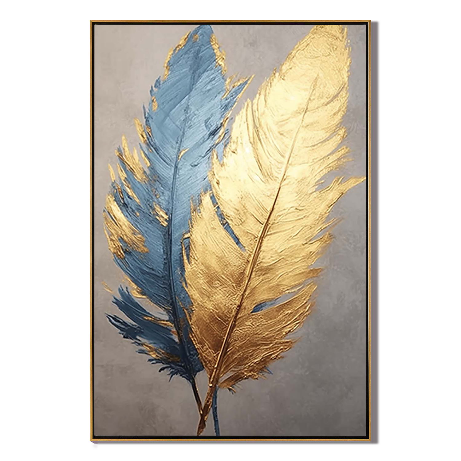 GOLDEN PLUME: Abstract Wall Art, Hand-Painted Navy Blue and Gold Foil Feather 3D Textured Studio Art