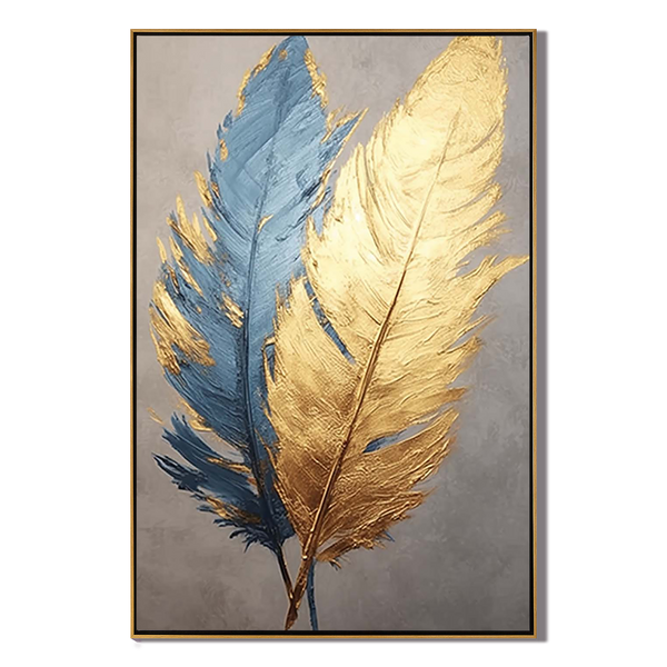 Golden Plume – Hand-Painted Navy Blue and Gold Foil Feather Abstract Painting | Modern Abstract Living Room & Office Art
