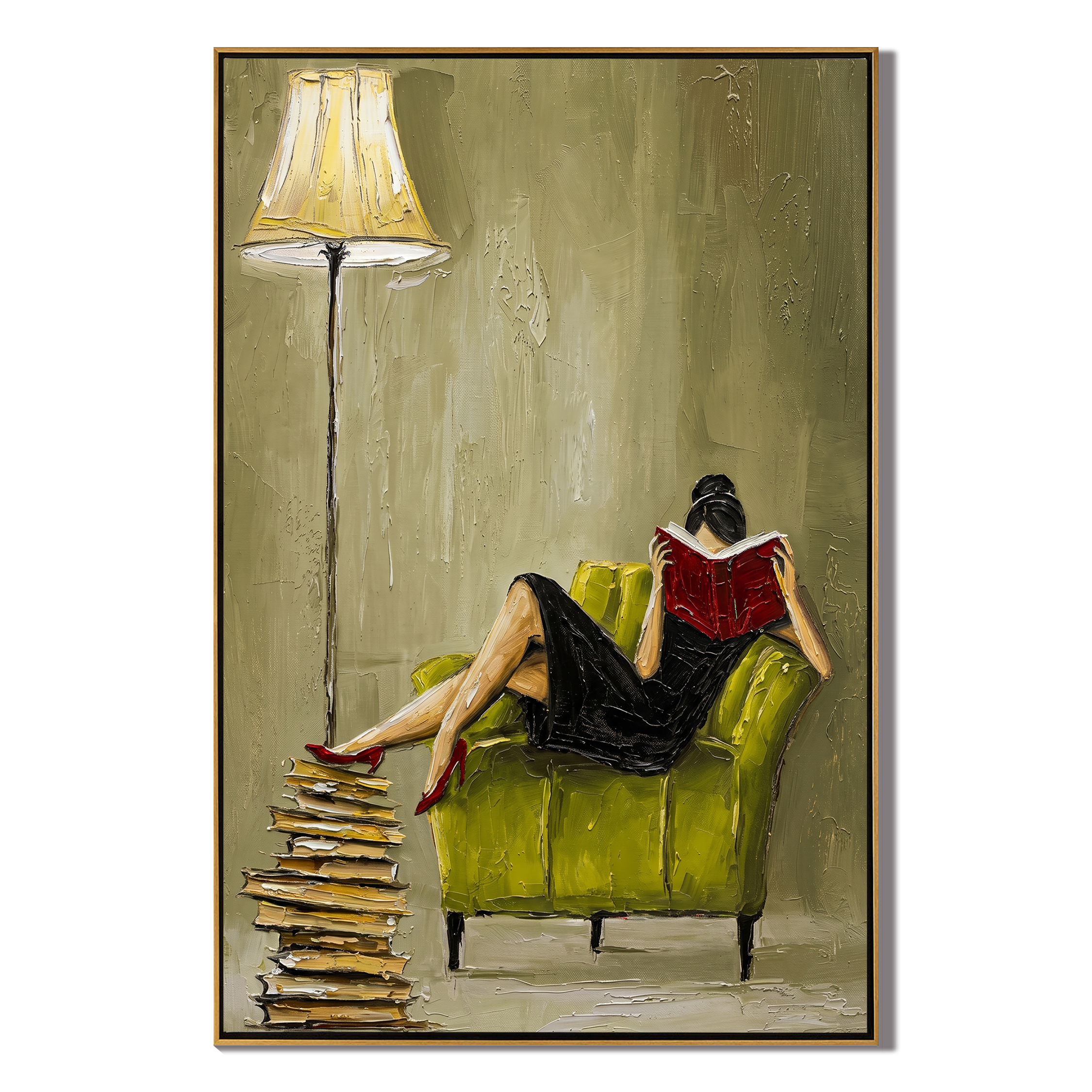 Quiet Hour – Emerald Velvet Reading Nook Painting | Elegant Interior Living Room Art