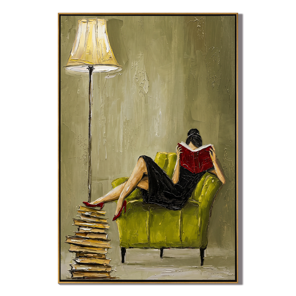 Quiet Hour – Emerald Velvet Reading Nook Painting | Elegant Interior Living Room Art