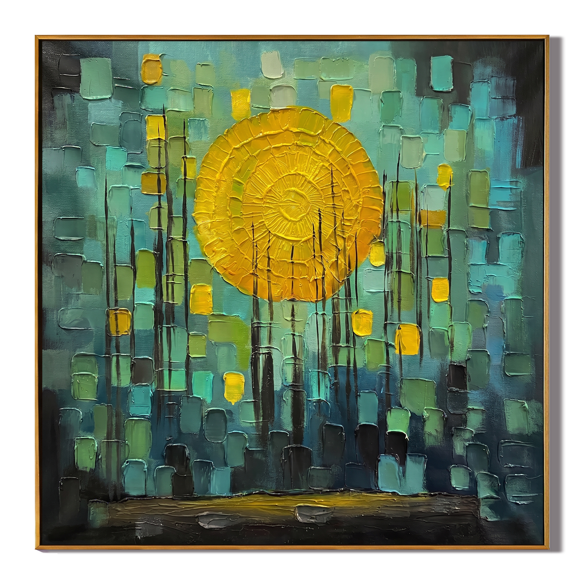 Dawn Illusion - Modern Abstract Teal and Yellow Impasto Sunrise | Healing Bedroom Wall Art