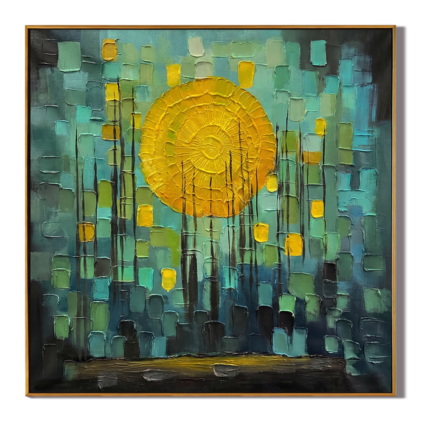Dawn Illusion – Modern Abstract Teal and Yellow Impasto Sunrise | Healing Bedroom Wall Art