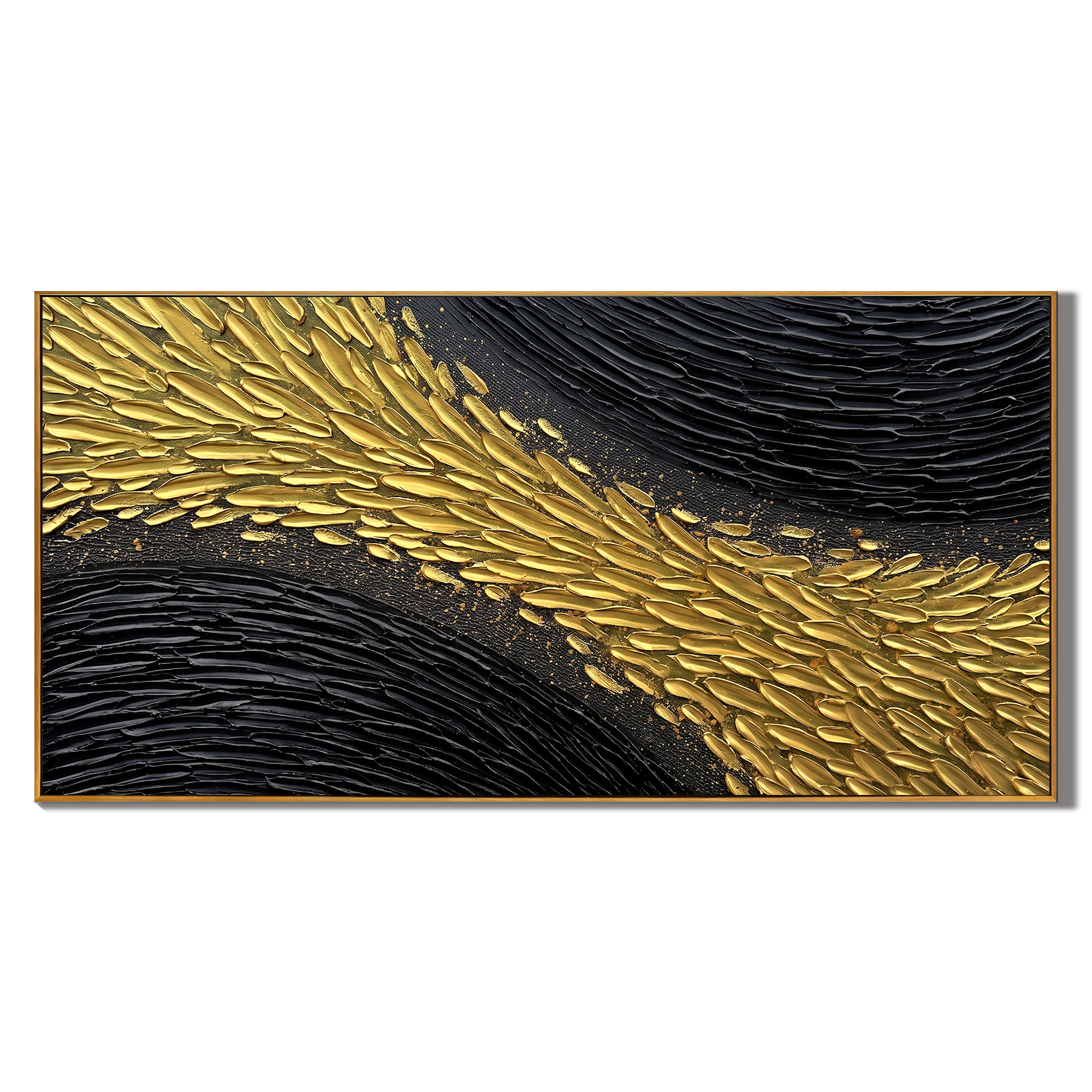Golden Scales in Motion – Modern Black-and-Gold Textured Artwork | Abstract Horizontal Living Room Art