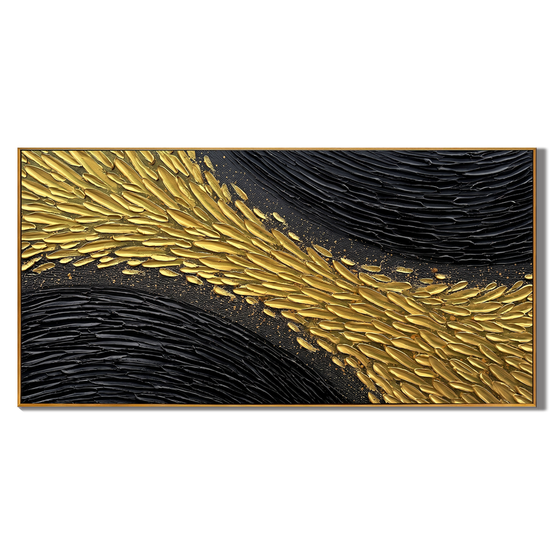 Golden Scales in Motion – Modern Black-and-Gold Textured Artwork | Abstract Horizontal Living Room Art