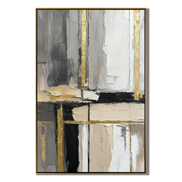 Golden Urban – Hand-Painted Minimalist Grey and Gold Foil Line Abstract Painting | Modern Minimalist Bedroom & Home Office Art