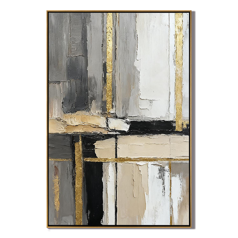 Golden Urban – Hand-Painted Minimalist Grey and Gold Foil Line Abstract Painting | Modern Minimalist Bedroom & Home Office Art