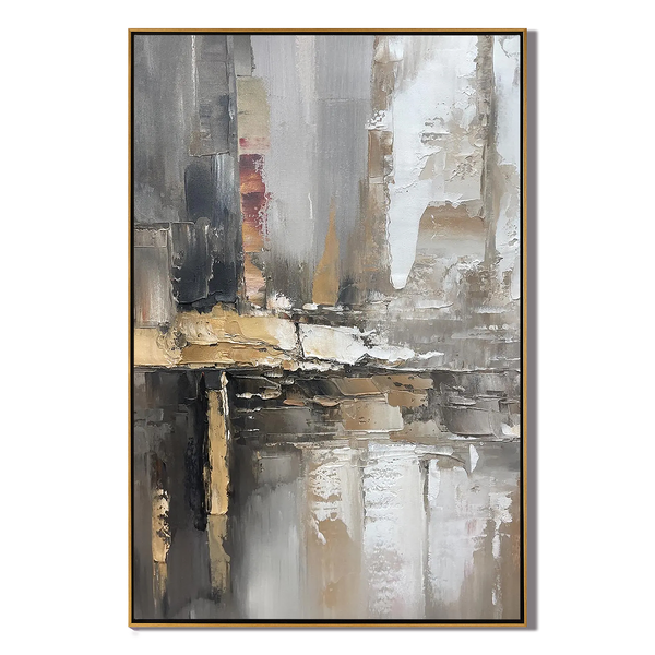 Earthen Core – Hand-Painted Grey and Gold Soil Tone Palette Knife Abstract Painting | Japandi Wabi-Sabi Living Room & Bedroom Art