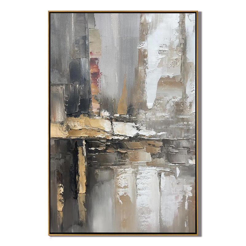 Earthen Core – Hand-Painted Grey and Gold Soil Tone Palette Knife Abstract Painting | Japandi Wabi-Sabi Living Room & Bedroom Art