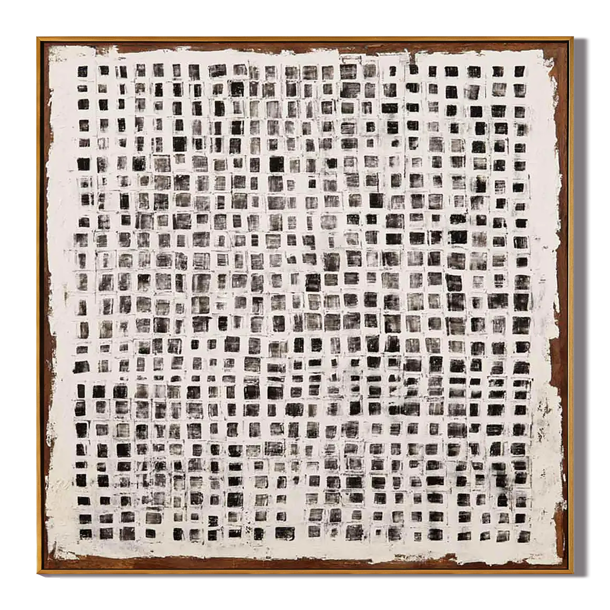 Monochrome Mosaic – Industrial Black and White Grid Impasto Painting | Avant-Garde Expressionist Living Room Art