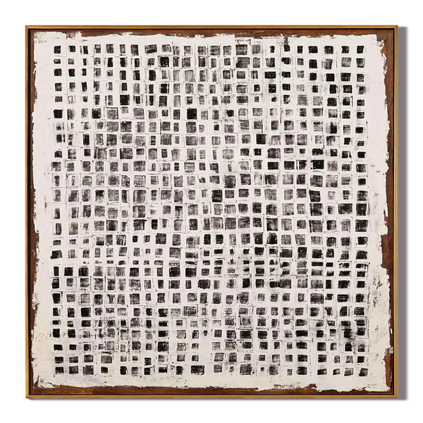 Monochrome Mosaic – Industrial Black and White Grid Impasto Painting | Avant-Garde Expressionist Living Room Art
