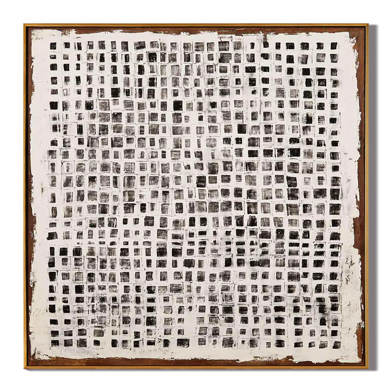 Monochrome Mosaic – Industrial Black and White Grid Impasto Painting | Avant-Garde Expressionist Living Room Art