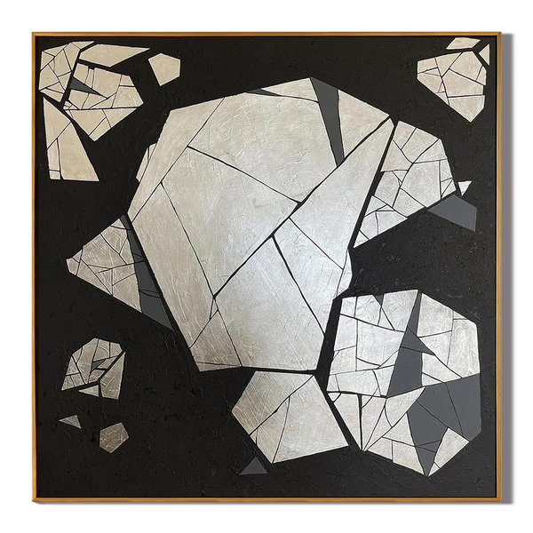 Fractured Core – Hand-Painted Black and Silver Geometric Rock Relief Wabi-Sabi Painting | Japandi Wabi-Sabi Living Room & Bedroom Art