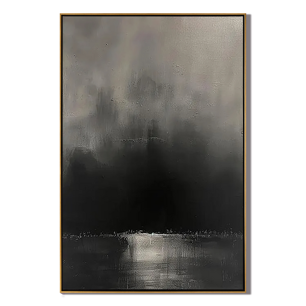 Mystic Void – Hand-Painted Charcoal Black and Grey Mist 3D Heavy Texture Plaster Effect Minimalist Painting | Bold Minimalist Bedroom & Home Office Art