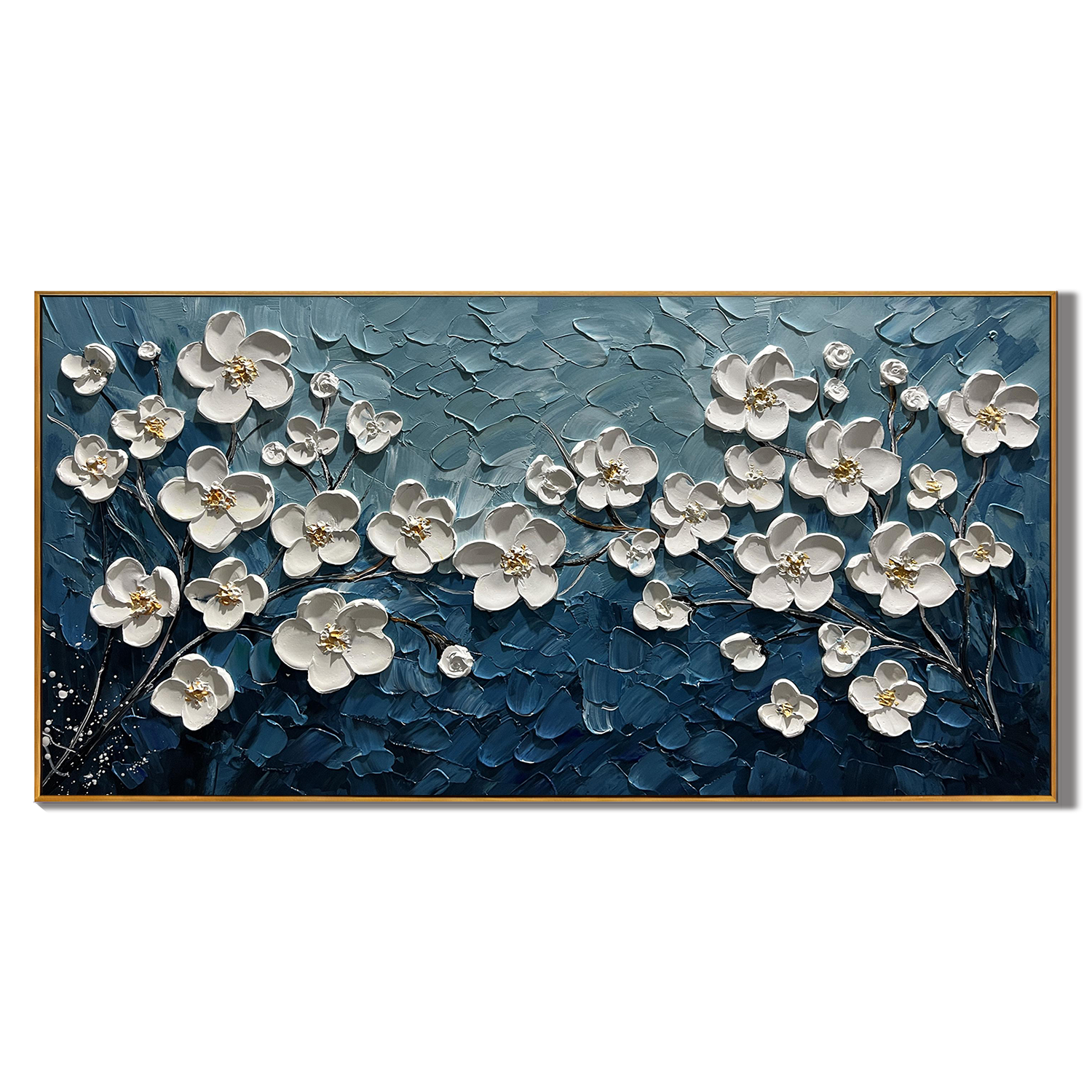 MIDNIGHT BLOSSOM: Flower-Tree Art, Hand-Painted Horizontal Prussian Blue and White 3D Relief Plaster Effect Heavy Texture Studio Art