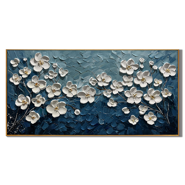 Midnight Blossom – Hand-Painted Prussian Blue and White 3D Relief Plaster Effect Floral Painting | Contemporary Botanical Bedroom & Living Room Art