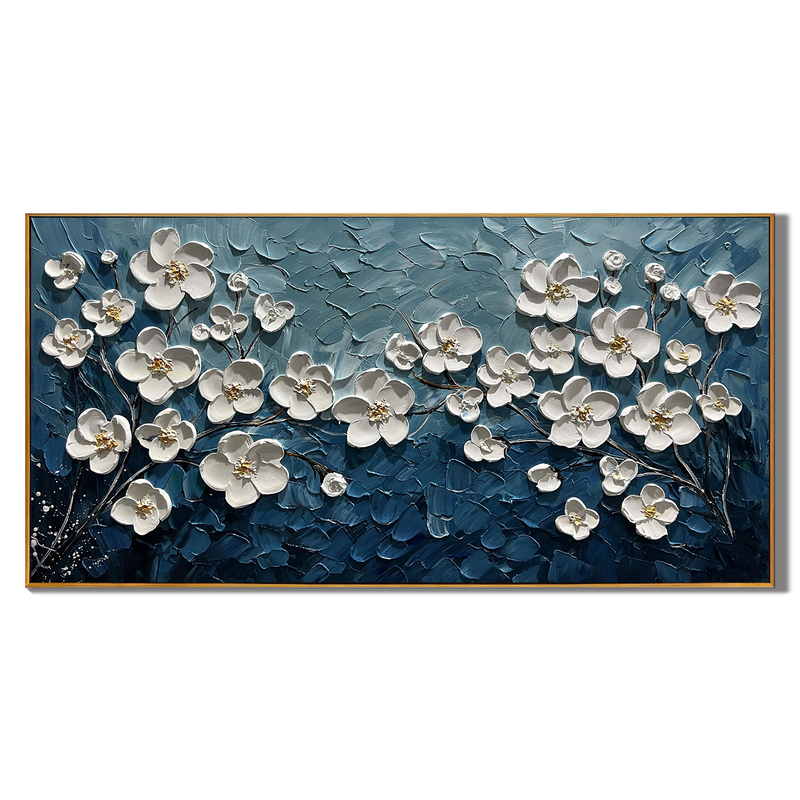 Midnight Blossom – Hand-Painted Prussian Blue and White 3D Relief Plaster Effect Floral Painting | Contemporary Botanical Bedroom & Living Room Art