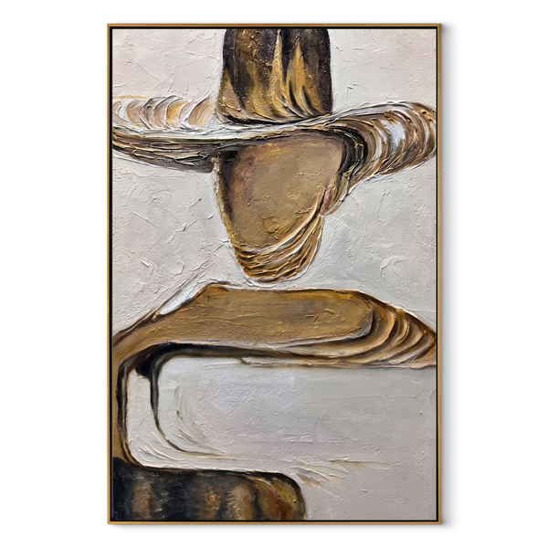 Gilded Brim Holds Still – Gold Hat Figure Painting | Retro Modern Vertical Wall Art