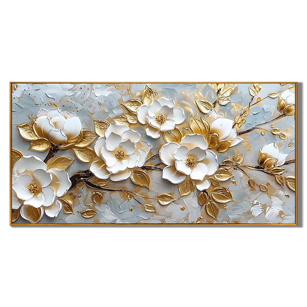 Golden Bloom – Luxury Gold Foil White Flower 3D Relief Floral Painting | Modern Luxury Botanical Bedroom & Living Room Art