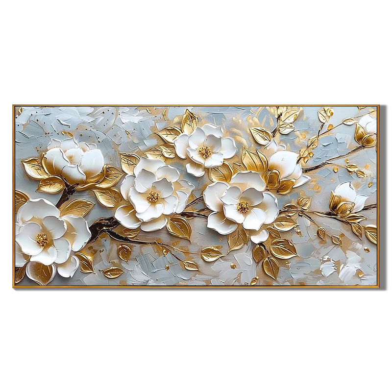 Golden Bloom – Luxury Gold Foil White Flower 3D Relief Floral Painting | Modern Luxury Botanical Bedroom & Living Room Art