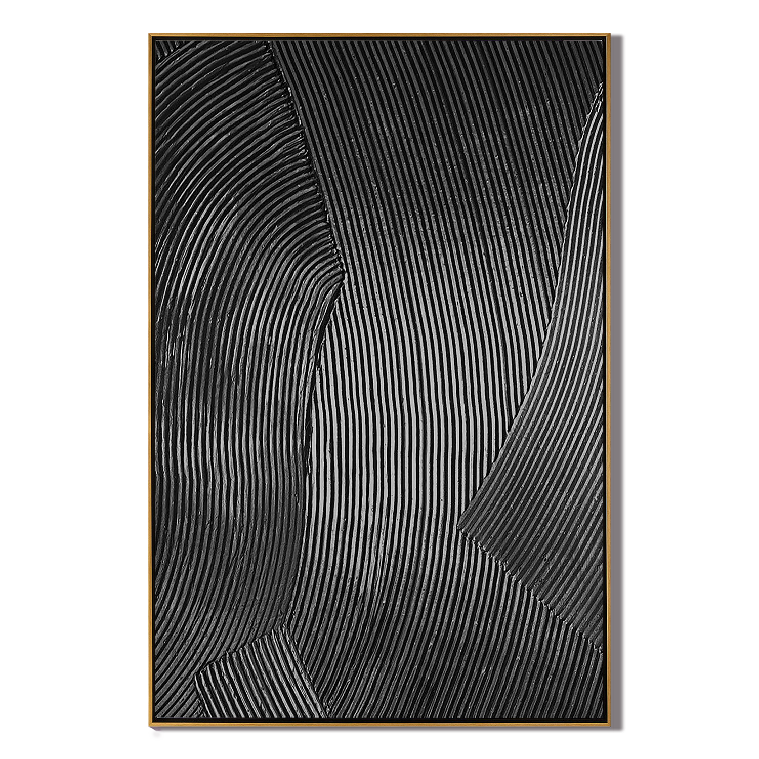 GRAVITY LINE: Texture Wall Art, Hand-Painted Black Linear Plaster Relief 3D Heavy Texture Canvas Art