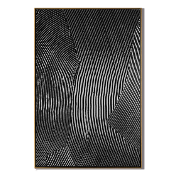 Gravity Line – Hand-Painted Black Linear Plaster Relief Texture Painting | Contemporary Plaster Texture Living Room & Office Art