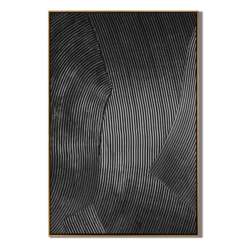 Gravity Line – Hand-Painted Black Linear Plaster Relief Texture Painting | Contemporary Plaster Texture Living Room & Office Art