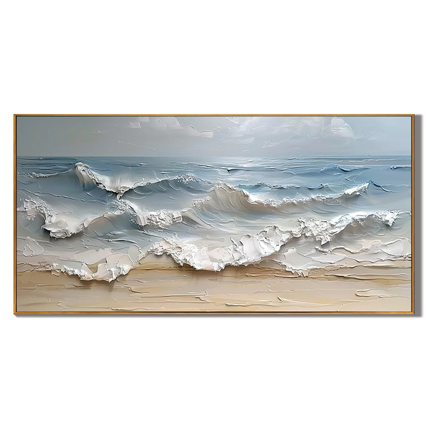 Shoreline Echo – Hand-Painted Creamy Sand Beach Wave Palette Knife Thick Textured Oil Seascape Painting | Contemporary Landscape Living Room & Dining Room Art