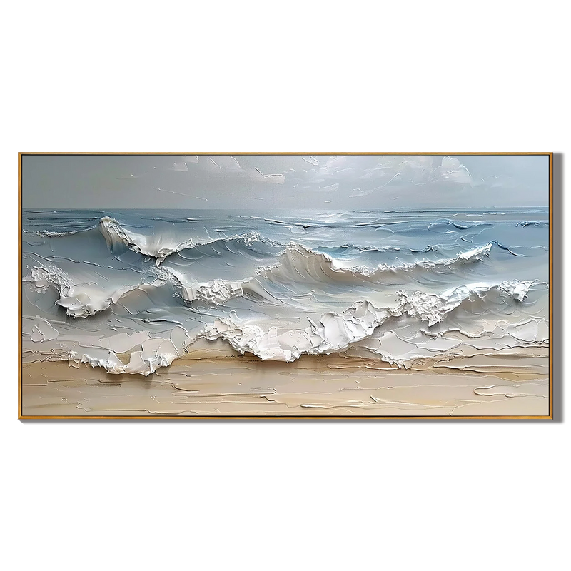 Shoreline Echo – Hand-Painted Creamy Sand Beach Wave Palette Knife Thick Textured Oil Seascape Painting | Contemporary Landscape Living Room & Dining Room Art