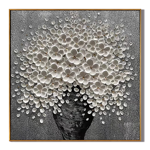 Stellar Bloom – White Petal Relief on Silver Plaster Floral Painting | Contemporary Botanical Bedroom & Living Room Art