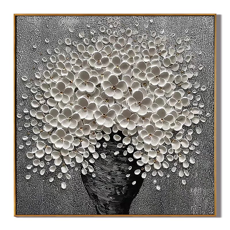 Stellar Bloom – White Petal Relief on Silver Plaster Floral Painting | Contemporary Botanical Bedroom & Living Room Art