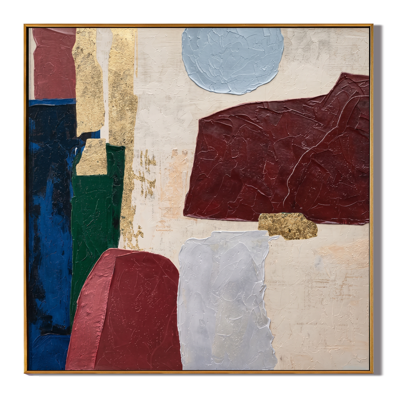 Gilded Epoch – Mid-Century Geometric Plaster Gold Foil Canvas | Luxury Living Room and Office Art