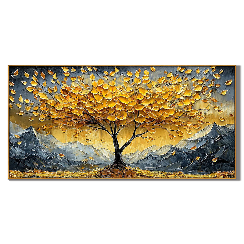 Summit of Gold – Modern Luxury Mountain Tree Oil Painting | Impasto Prosperity Living Room Art