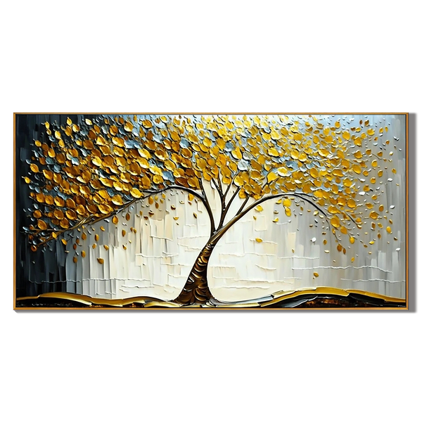 Golden Prosperity – Modern Luxury Oil Painting | Impasto Gold Leaf Tree of Life Living Room Art