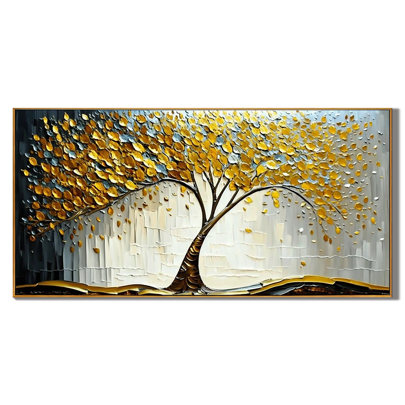 Golden Prosperity – Modern Luxury Oil Painting | Impasto Gold Leaf Tree of Life Living Room Art