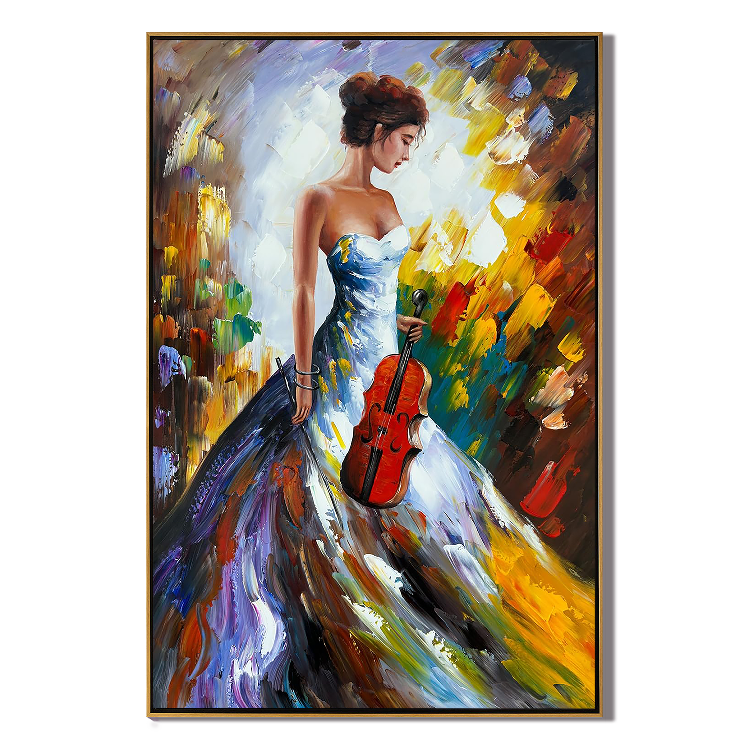 MELODIC MUSE: Colorful Impressionist Violinist Painting, Palette Knife Lady in Gown Art