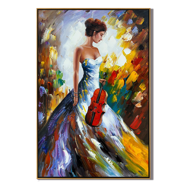 Melodic Muse – Palette Knife Lady in Gown Colorful Painting | Bold Expressionist Living Room & Dining Room Art