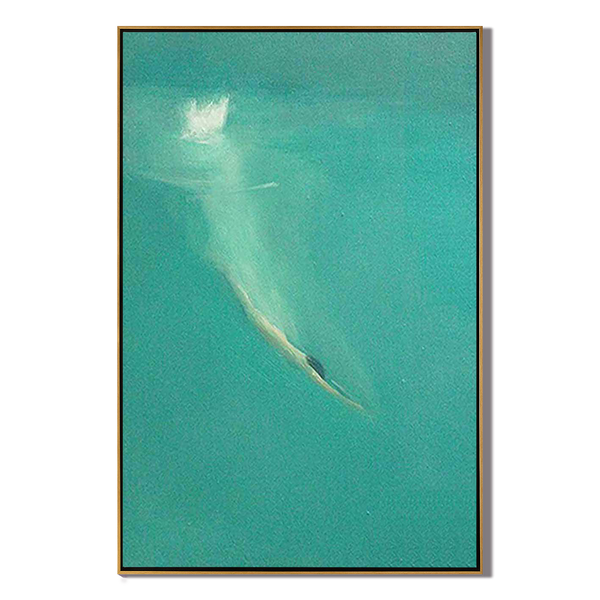Summer Dive – Modern Minimalist Turquoise Ocean Diver Painting | Large Framed Canvas Hallway Art
