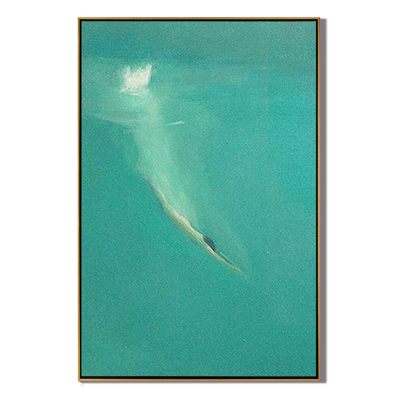 Summer Dive – Modern Minimalist Turquoise Ocean Diver Painting | Large Framed Canvas Hallway Art