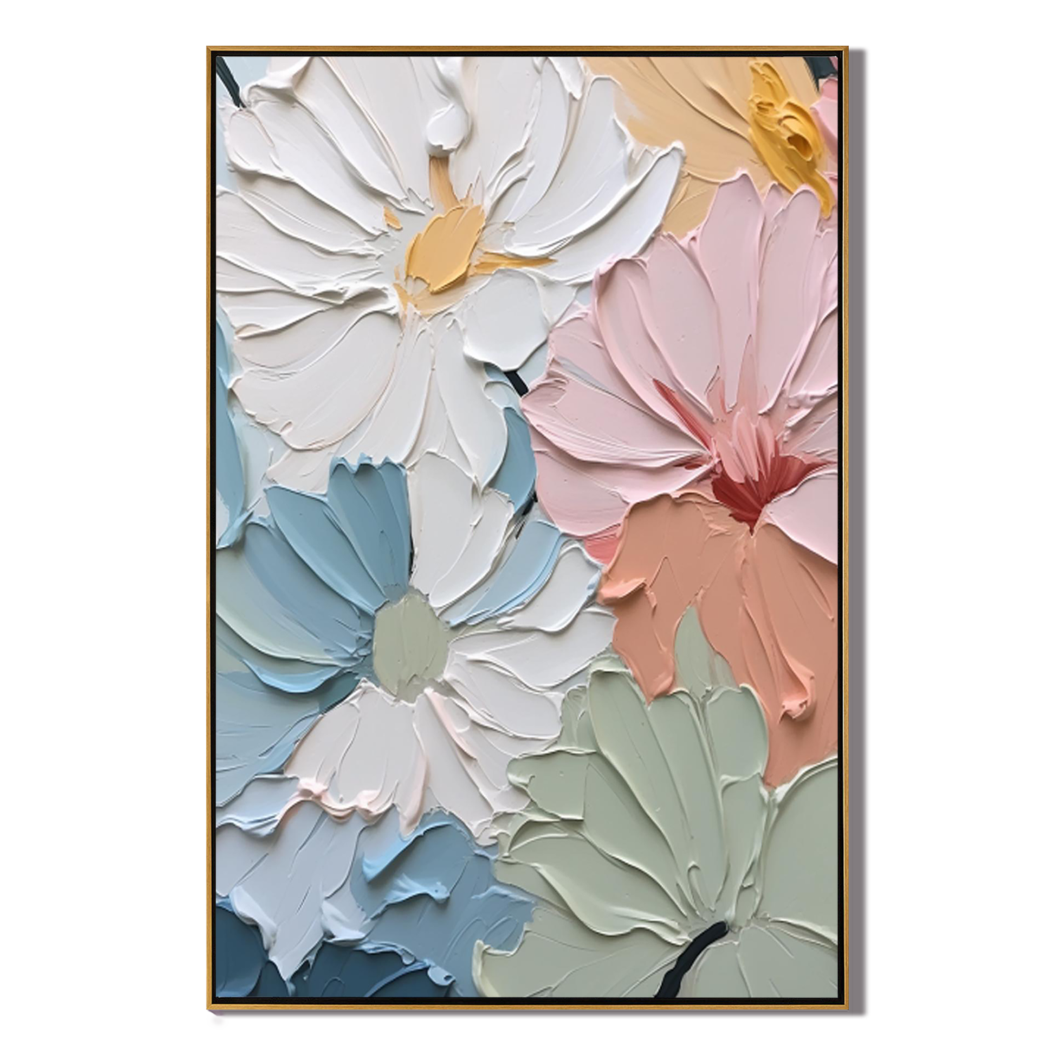 PASTEL BLOOMS: Floral Wall Art, Hand-Painted 3D Impasto Multicolored Flower Thick Textured Gallery Art