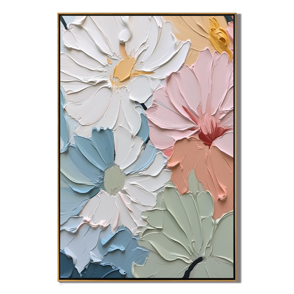 Pastel Blooms – Hand-Painted 3D Impasto Multicolored Flower Thick Floral Painting | Vibrant Botanical Living Room & Dining Room Art