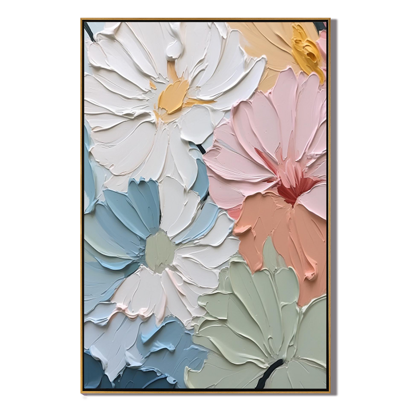 Pastel Blooms – Hand-Painted 3D Impasto Multicolored Flower Thick Floral Painting | Vibrant Botanical Living Room & Dining Room Art