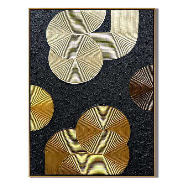 Metallic Orbit – Luxury Black & Gold 3D Linear Geometric Art | Modern High-End  Living Room Art