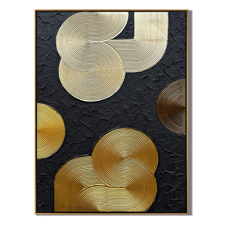 Metallic Orbit – Luxury Black & Gold 3D Linear Geometric Art | Modern High-End  Living Room Art