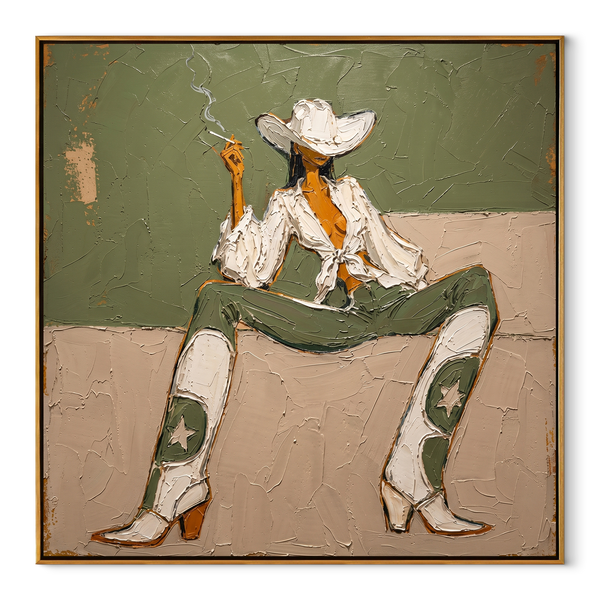 White Boots Hold Ground – Green Cowgirl Painting | Retro Modern Square Wall Art