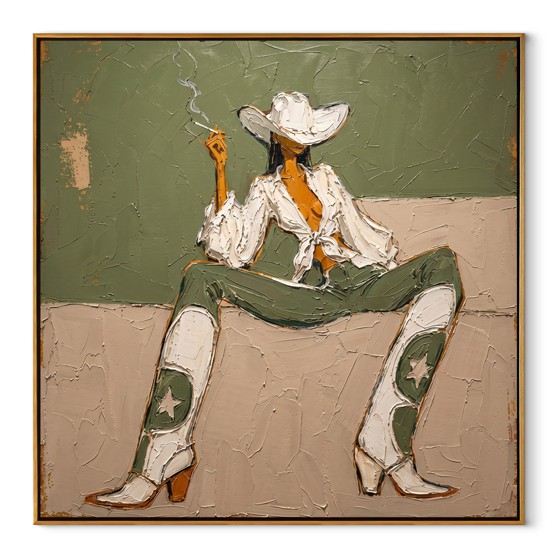 White Boots Hold Ground – Green Cowgirl Painting | Retro Modern Square Wall Art