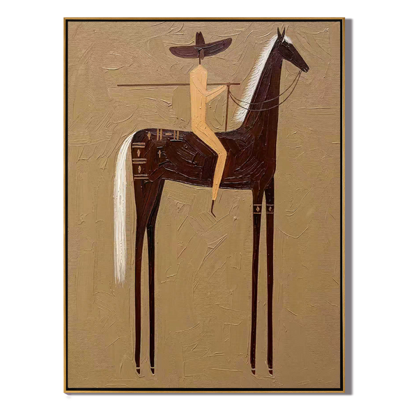 Dark Mane Crossing – Vintage Americana Rider on Decorated Dark Horse Painting | Wabi-Sabi Hallway Art
