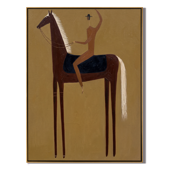 Hat Toss Gold – Vintage Americana Rider Raising Hat on Dark Horse Painting | Warm Modern Living Room Art