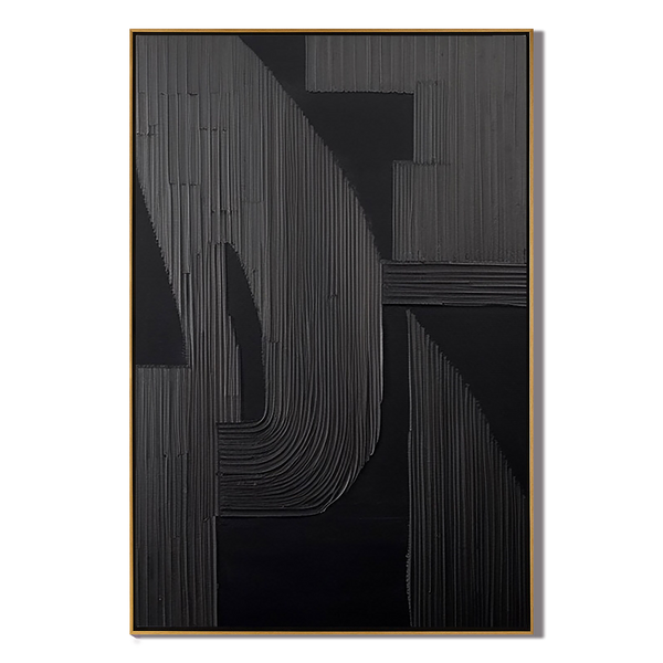 Shadow Arch – Hand-Painted Matte Black Fluted Texture 3D Relief Wabi-Sabi Painting | Japandi Wabi-Sabi Living Room & Bedroom Art