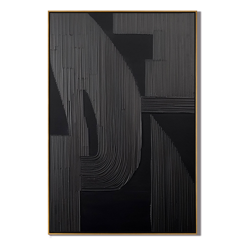 Shadow Arch – Hand-Painted Matte Black Fluted Texture 3D Relief Wabi-Sabi Painting | Japandi Wabi-Sabi Living Room & Bedroom Art