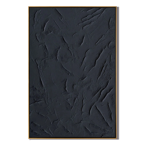 Onyx Silence – Minimalist Deep Black Abstract Plaster Relief Painting | Minimalist Sculpted Plaster Studio Art